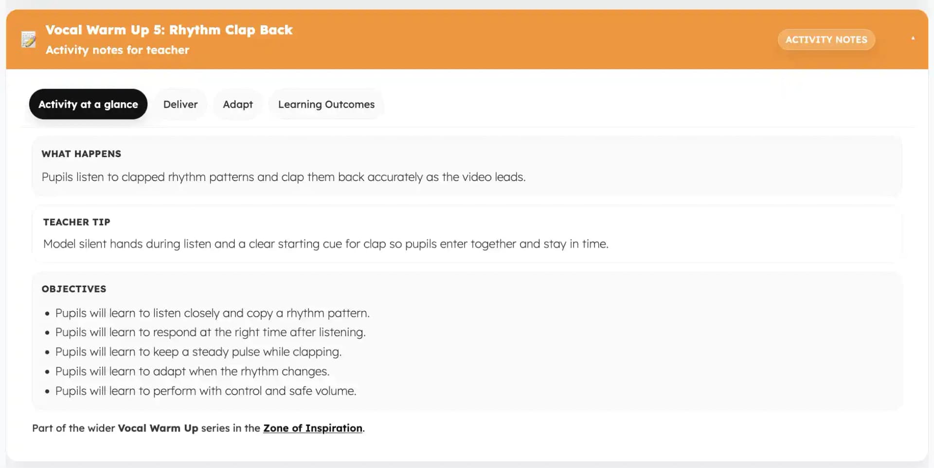 Activity notes at a glance tab with teacher tip and learning objectives