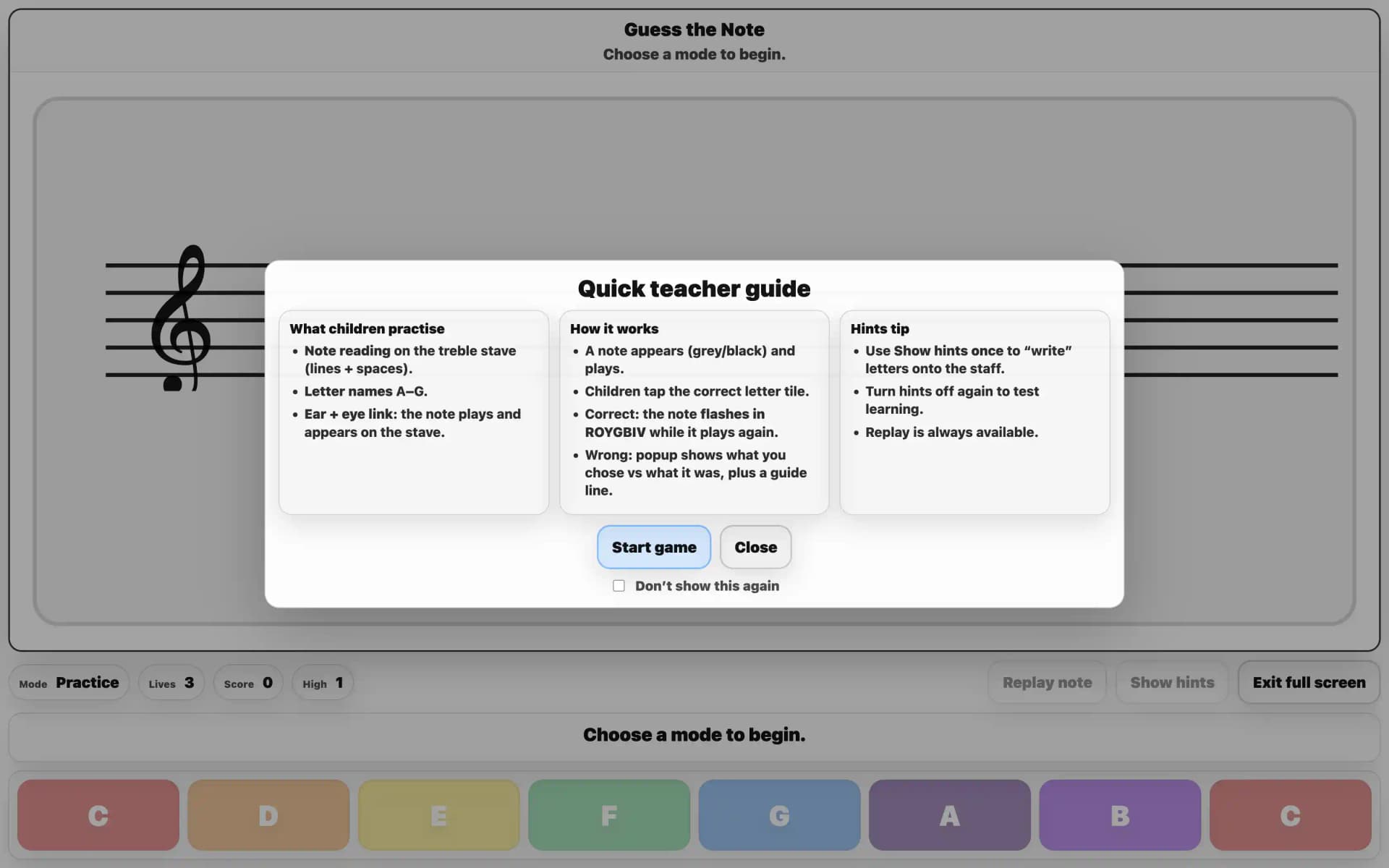 Practice tool with clear instructions for teachers and pupils