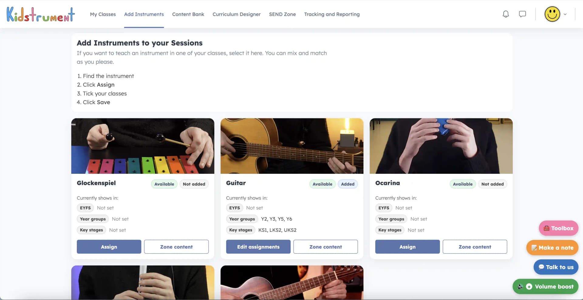 Kidstrument add instruments screen showing assignable classroom instrument options