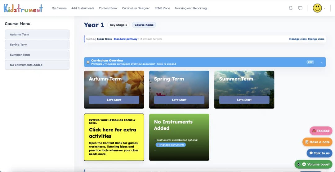 Kidstrument class homepage with term routes, curriculum overview and content bank extension