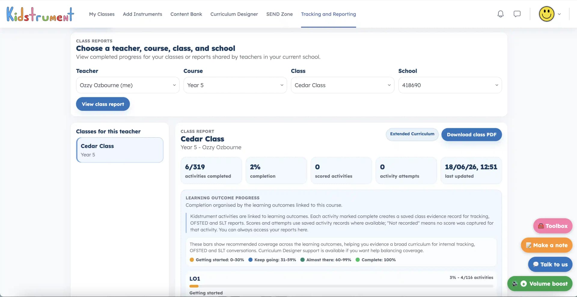 Kidstrument tracking and reporting class report with completion metrics and learning outcome progress