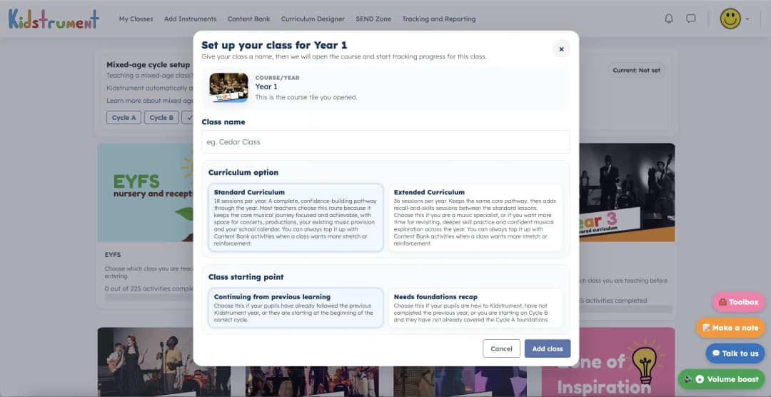 Kidstrument class setup modal with standard and extended curriculum options