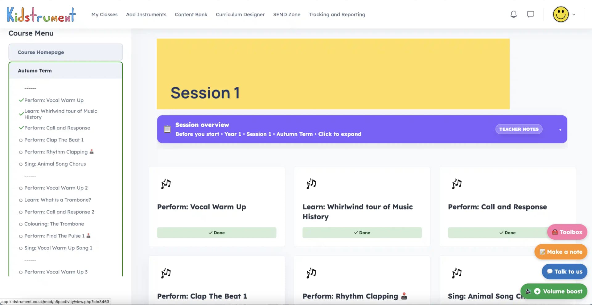 Kidstrument term view showing session cards, course menu and teacher notes