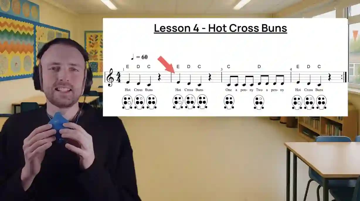 Kidstrument ocarina course thumbnail focused on ocarina fingering diagrams and notation