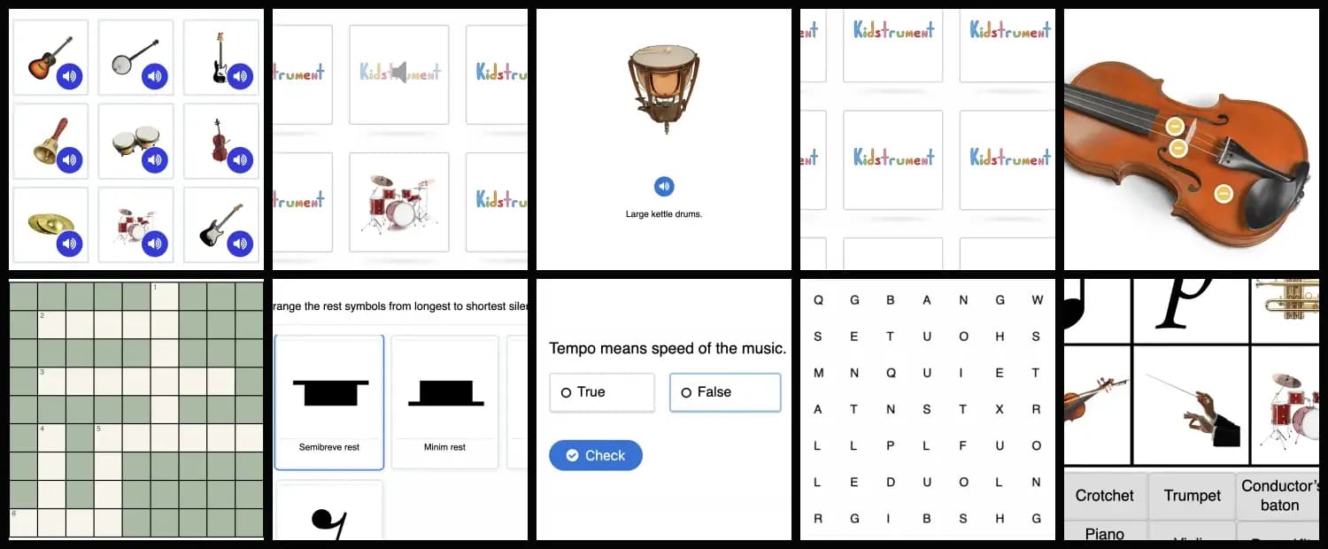 A mosaic of Kidstrument interactive whiteboard game thumbnails