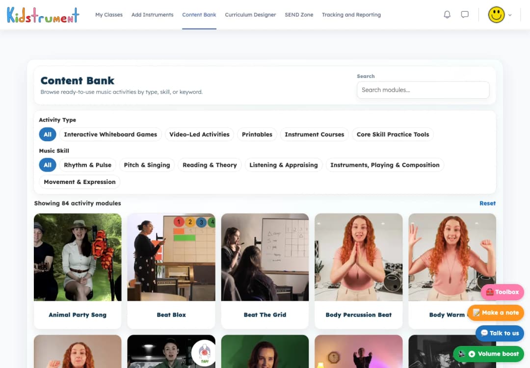 Kidstrument Content Bank with activity filters and activity tiles