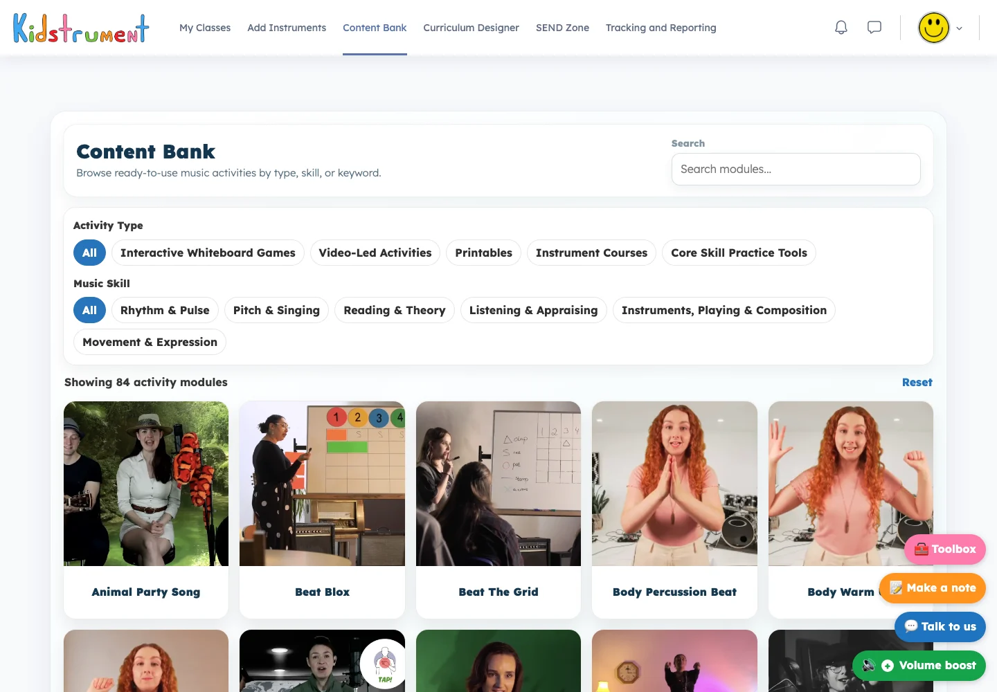 Kidstrument Content Bank with activity filters and activity tiles