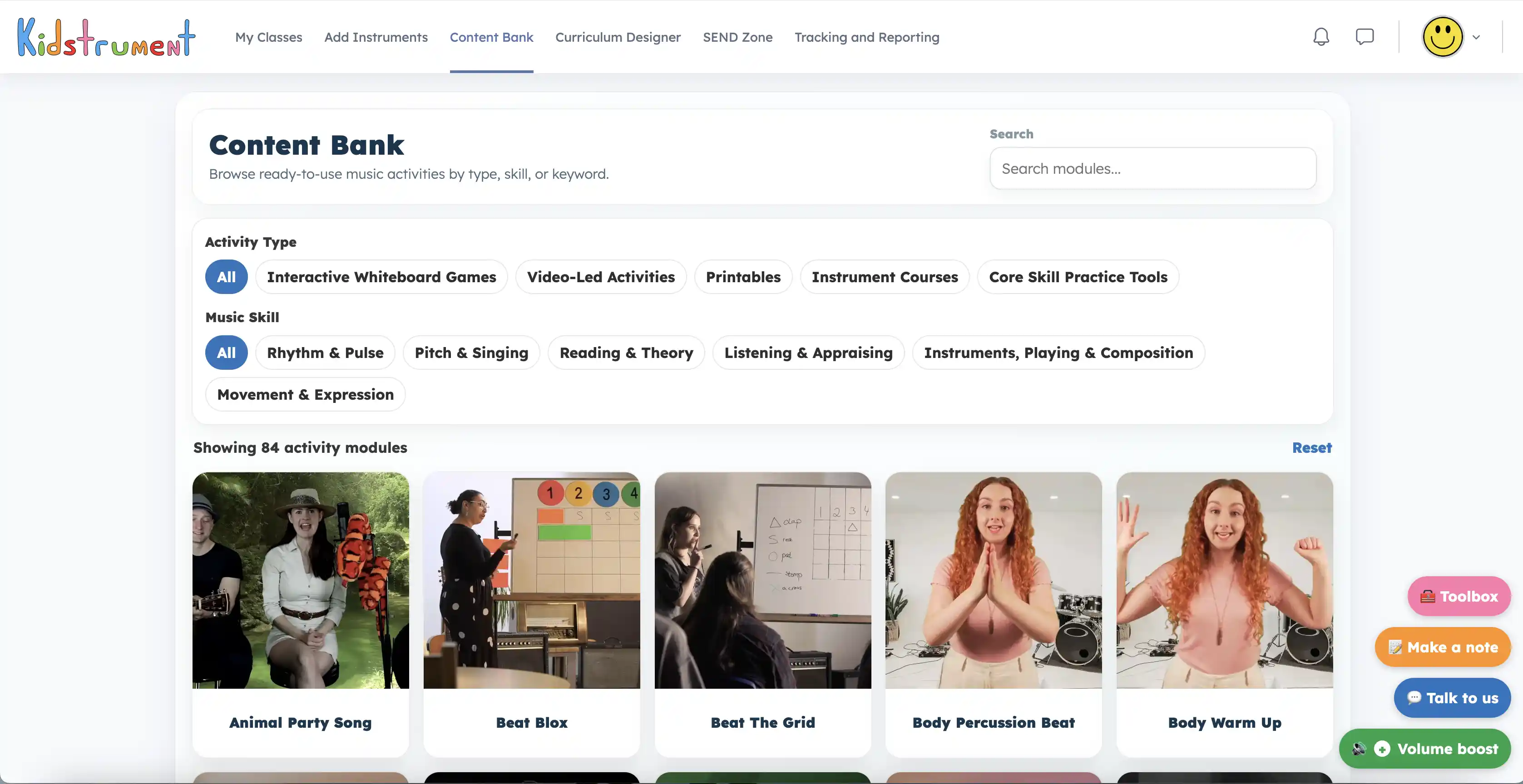 Kidstrument Content Bank with search filters and ready-to-use activity tiles